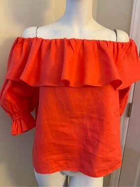 Trina Turk Coral Red Linen Peasant Elastic-Shoulder Terrace Peasant Top S